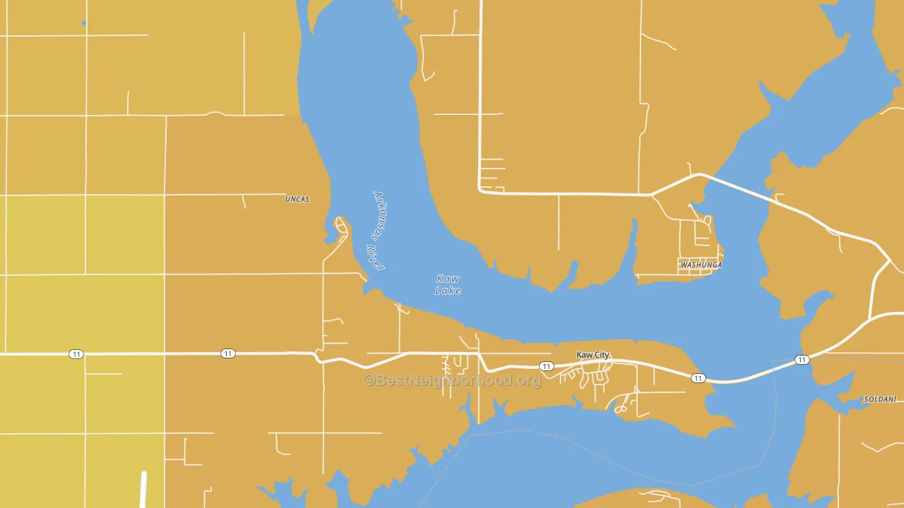 Map of the best neighborhoods in the Kaw City area, with better matches in green and worse matches in red