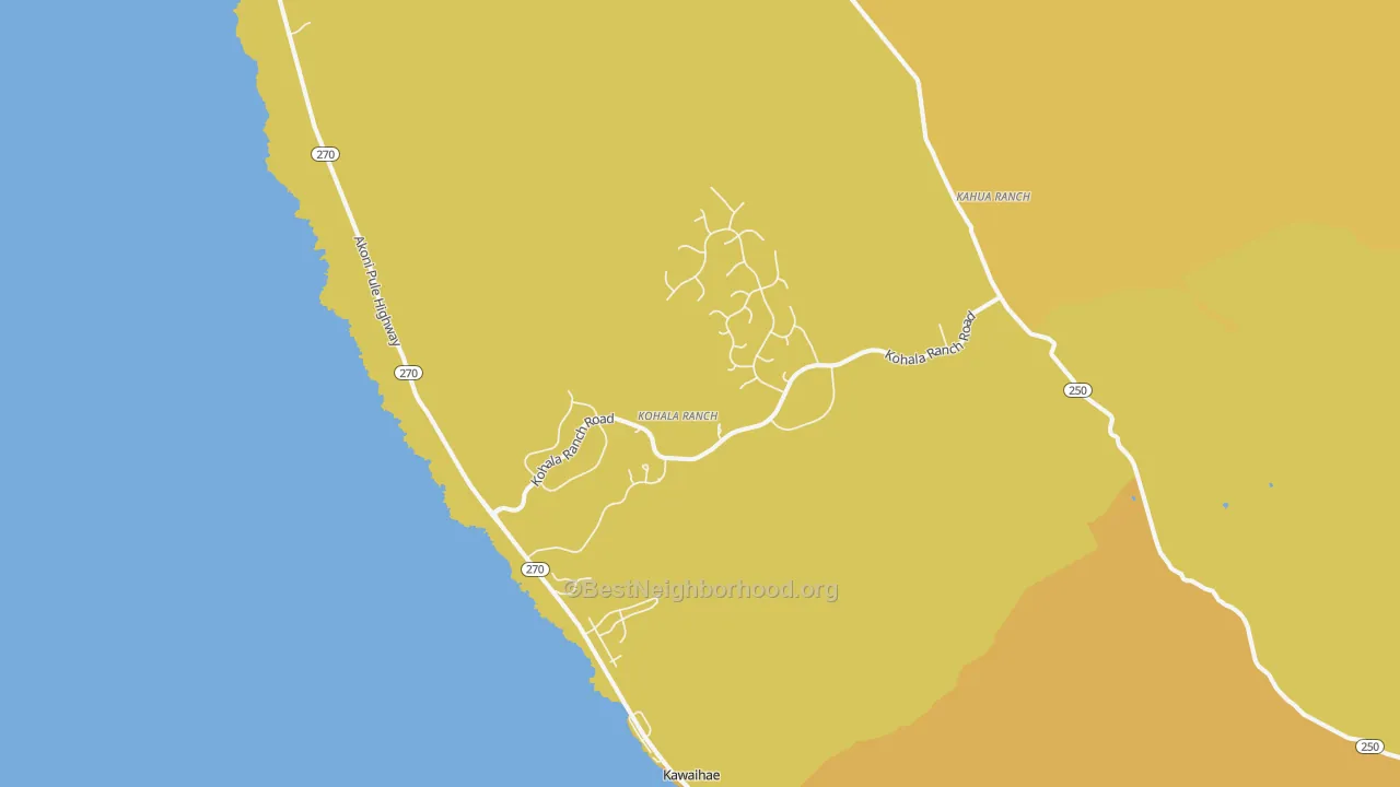 Map of the best neighborhoods in the Kawaihae area, with better matches in green and worse matches in red