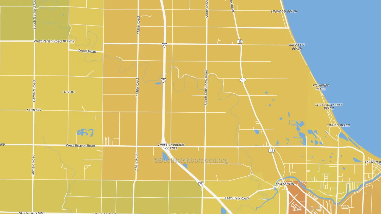 Map of the best neighborhoods in the Kawkawlin area, with better matches in green and worse matches in red