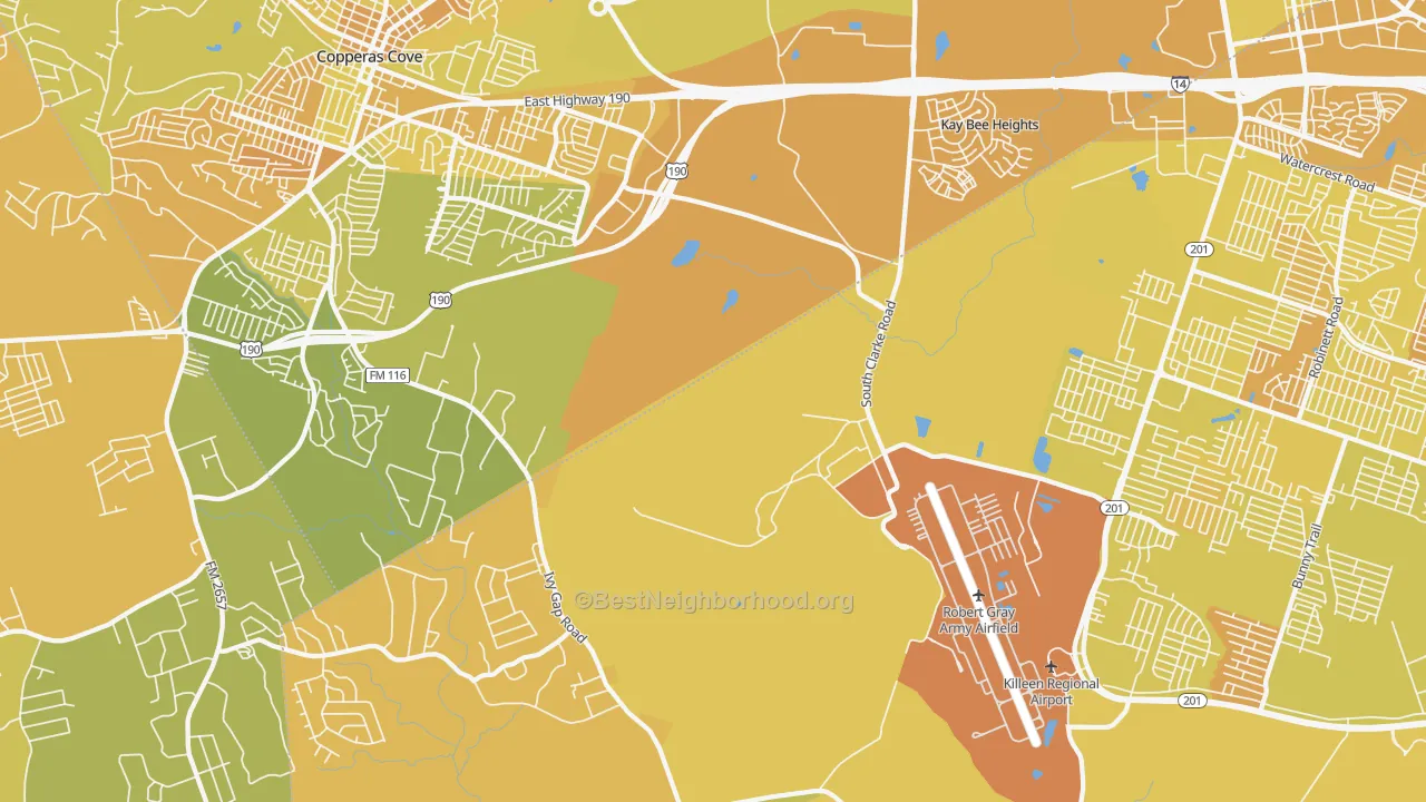 Map of the best neighborhoods in the Kay Bee Heights area, with better matches in green and worse matches in red