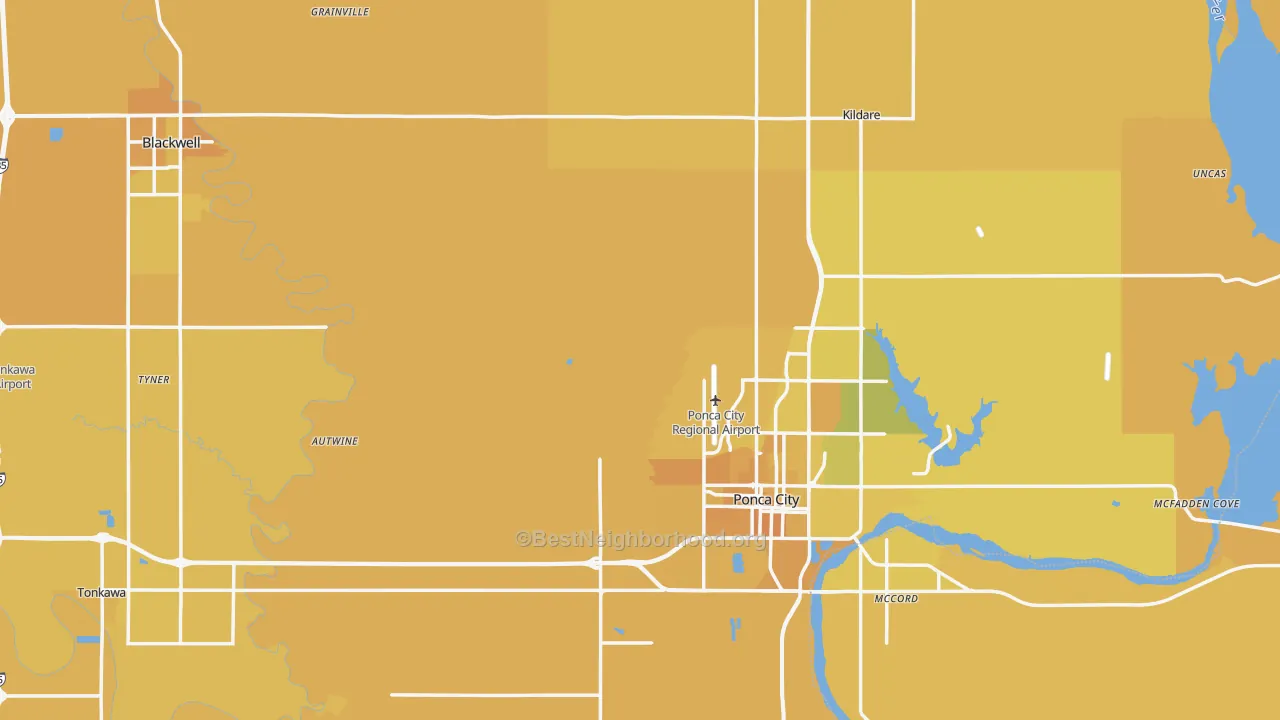 Map of the best neighborhoods in the Kay County area, with better matches in green and worse matches in red