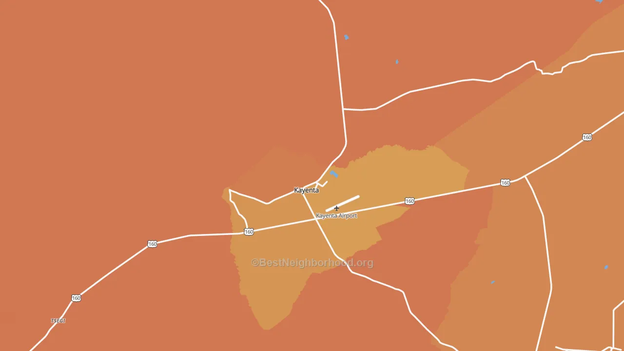 Map of the best neighborhoods in the Kayenta area, with better matches in green and worse matches in red