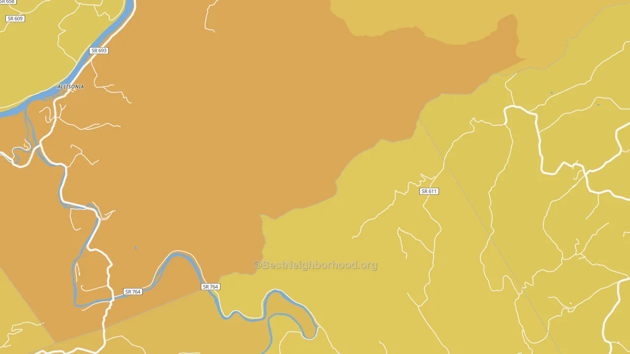 Map of the best neighborhoods in the Kayoulah area, with better matches in green and worse matches in red