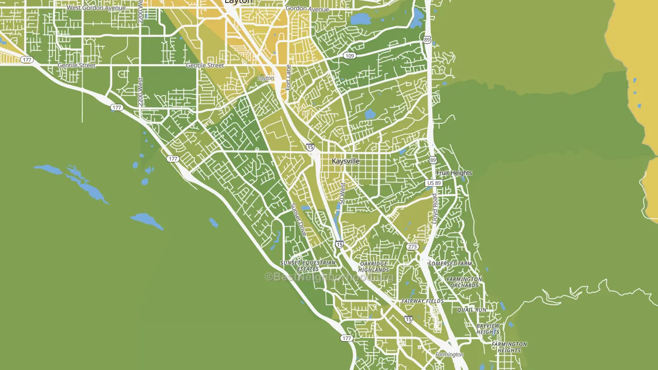 Map of the best neighborhoods in the Kaysville area, with better matches in green and worse matches in red