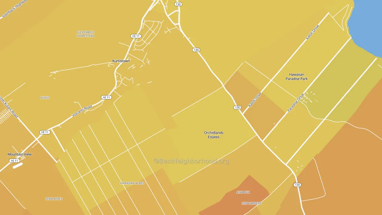 Map of the best neighborhoods in the Keaau area, with better matches in green and worse matches in red