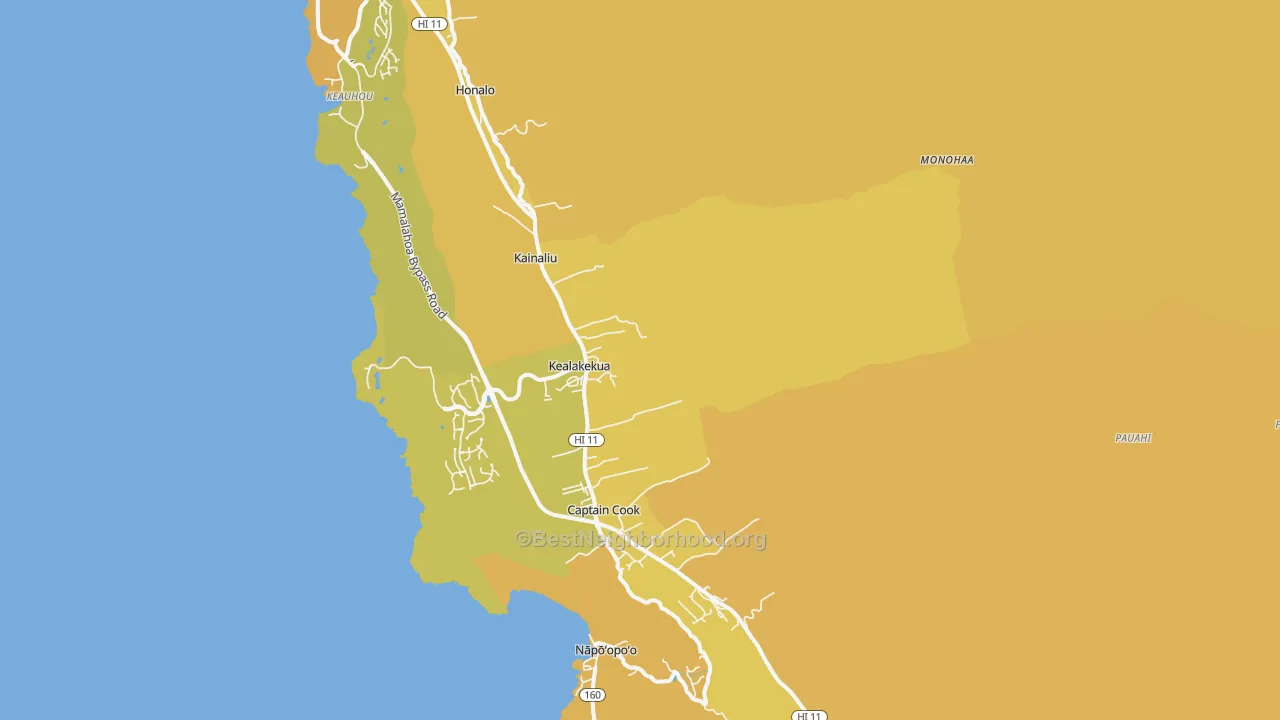 Map of the best neighborhoods in the Kealakekua area, with better matches in green and worse matches in red