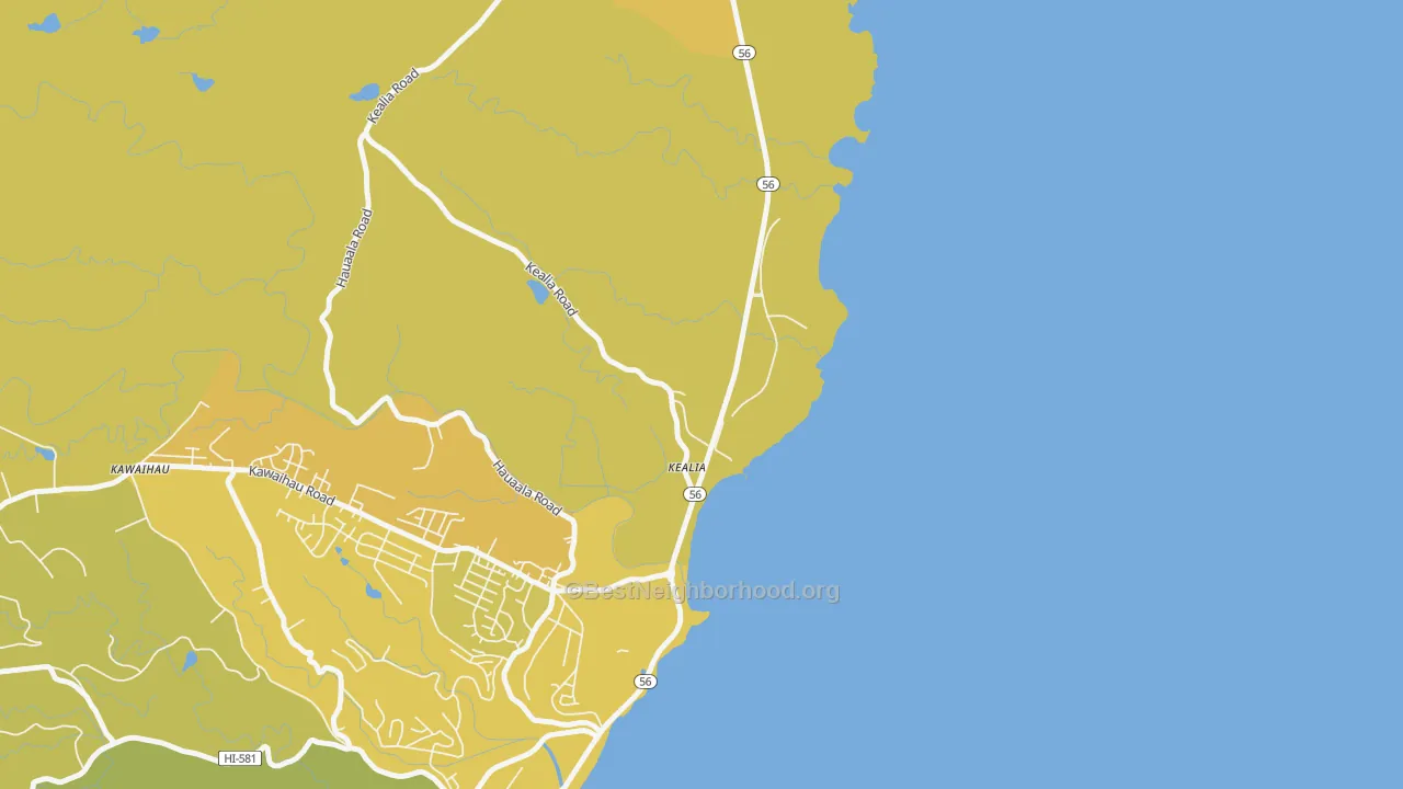 Map of the best neighborhoods in the Kealia area, with better matches in green and worse matches in red