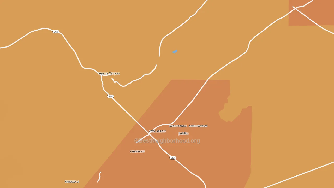 Map of the best neighborhoods in the Keams Canyon area, with better matches in green and worse matches in red