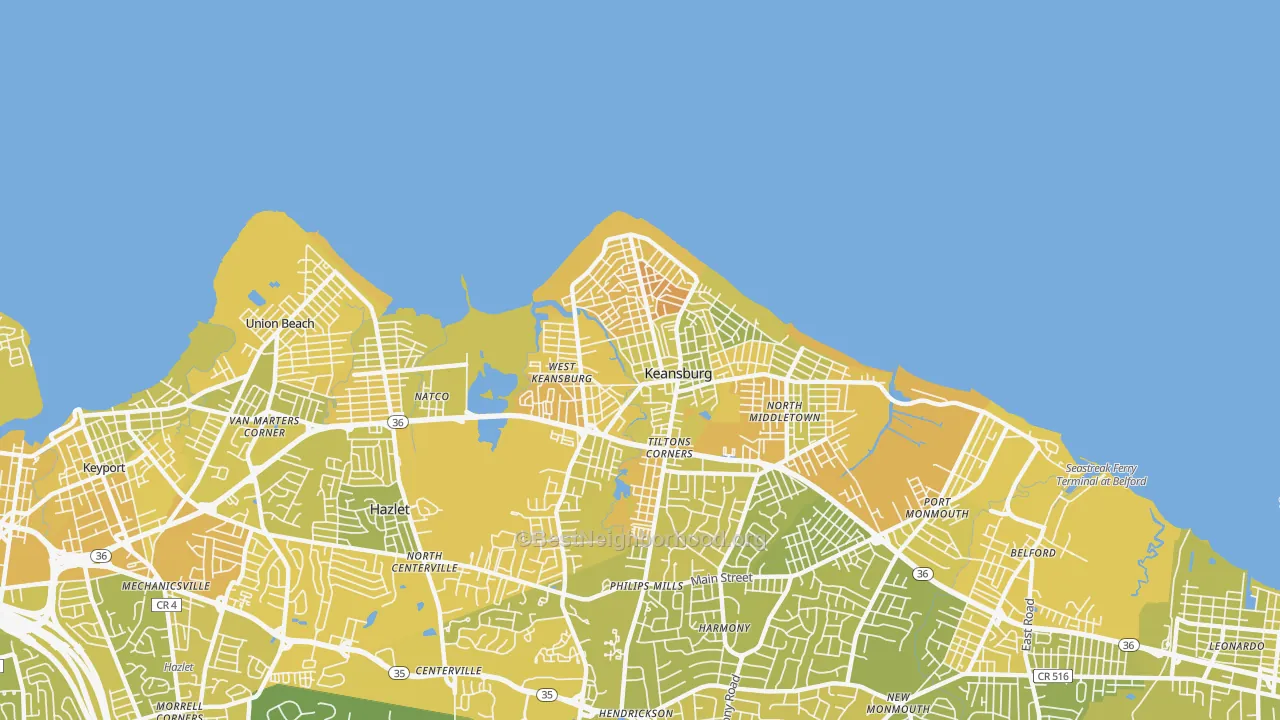 Map of the best neighborhoods in the Keansburg area, with better matches in green and worse matches in red