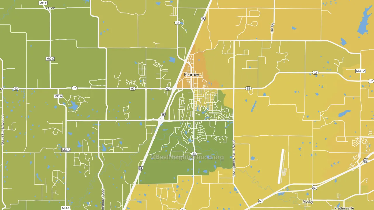 Map of the best neighborhoods in the Kearney area, with better matches in green and worse matches in red