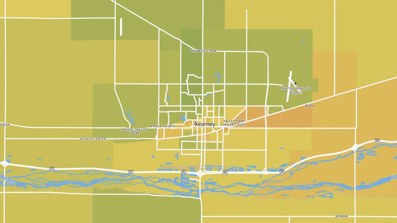 Map of the best neighborhoods in the Kearney area, with better matches in green and worse matches in red