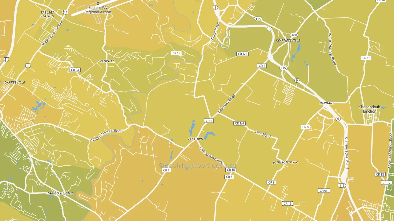 Map of the best neighborhoods in the Kearneysville area, with better matches in green and worse matches in red