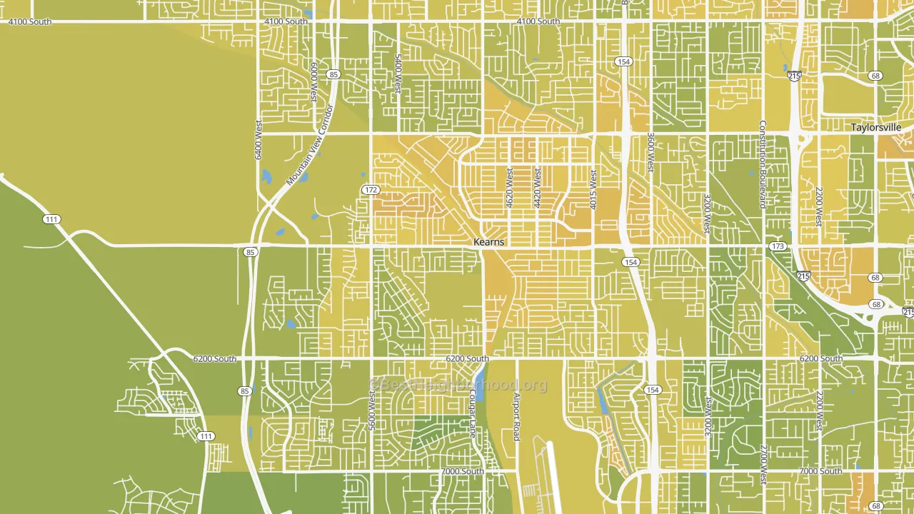 Map of the best neighborhoods in the Kearns area, with better matches in green and worse matches in red