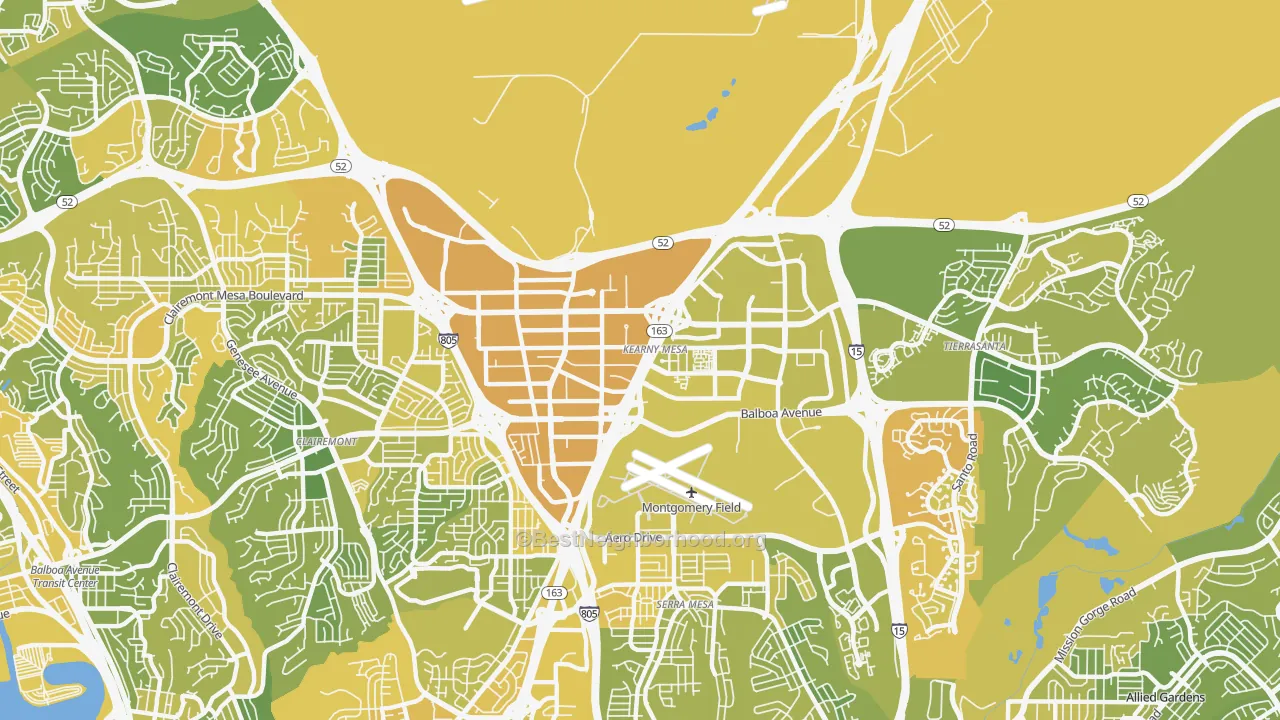 Map of the best neighborhoods in the Kearny Mesa, San Diego area, with better matches in green and worse matches in red