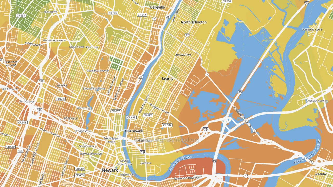 Map of the best neighborhoods in the Kearny area, with better matches in green and worse matches in red