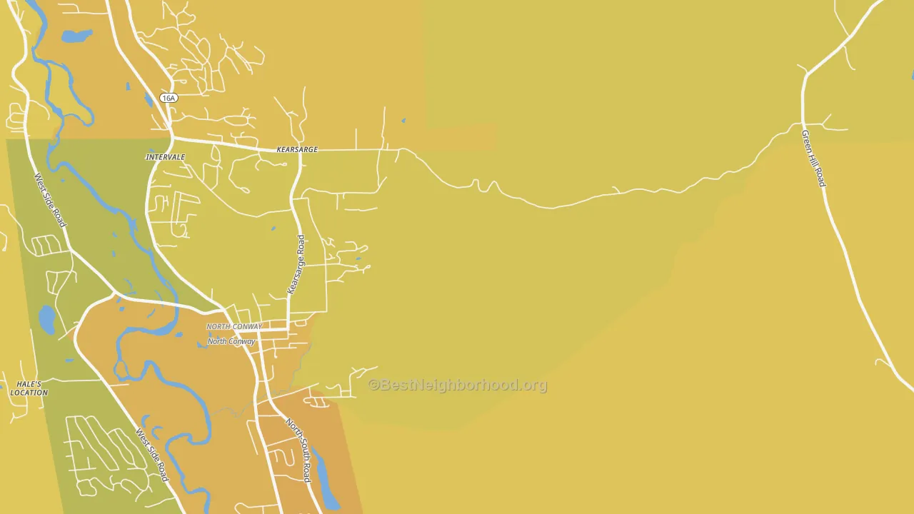 Map of the best neighborhoods in the Kearsarge area, with better matches in green and worse matches in red