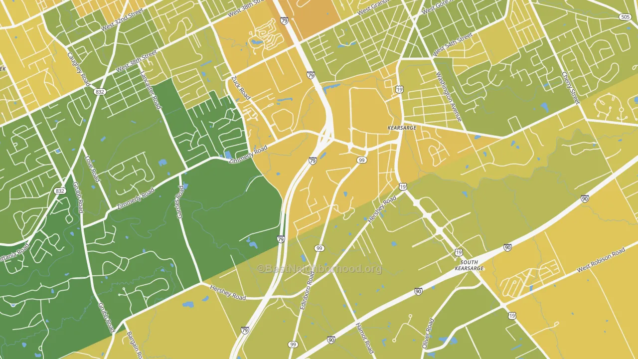 Map of the best neighborhoods in the Kearsarge area, with better matches in green and worse matches in red