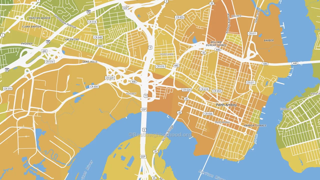 Map of the best neighborhoods in the Keasbey area, with better matches in green and worse matches in red