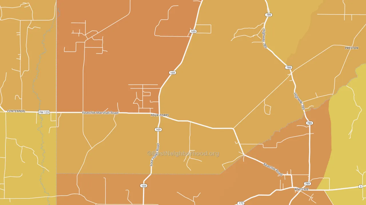 Map of the best neighborhoods in the Keatchie area, with better matches in green and worse matches in red