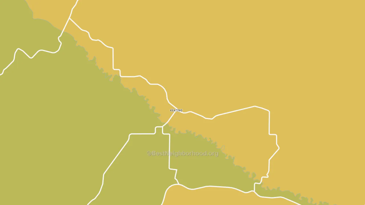 Map of the best neighborhoods in the Keating area, with better matches in green and worse matches in red
