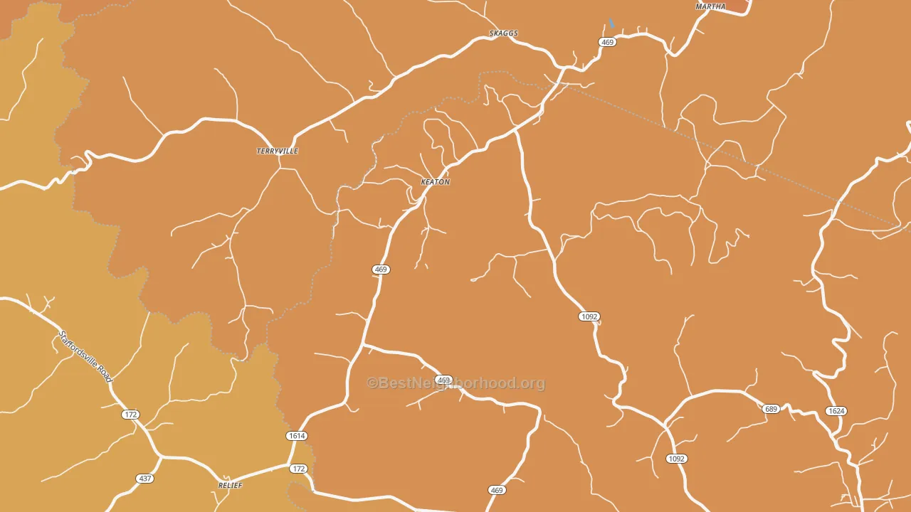 Map of the best neighborhoods in the Keaton area, with better matches in green and worse matches in red