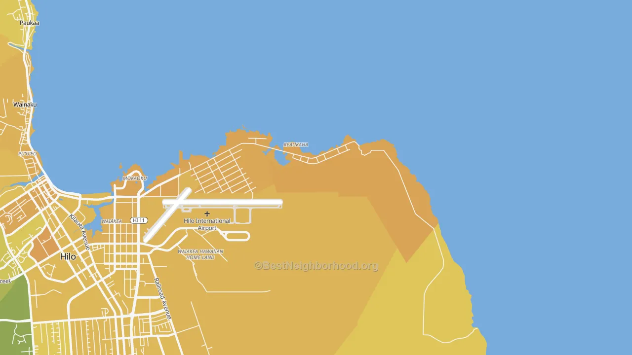 Map of the best neighborhoods in the Keaukaha area, with better matches in green and worse matches in red