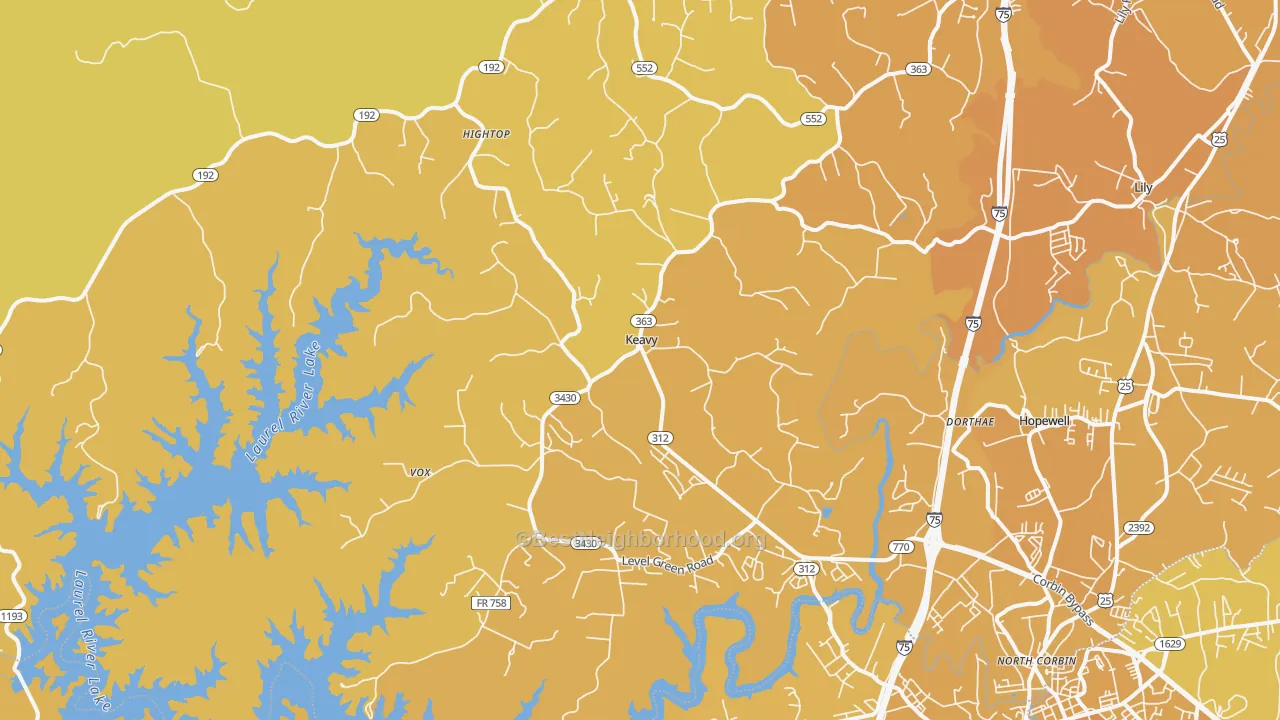 Map of the best neighborhoods in the Keavy area, with better matches in green and worse matches in red