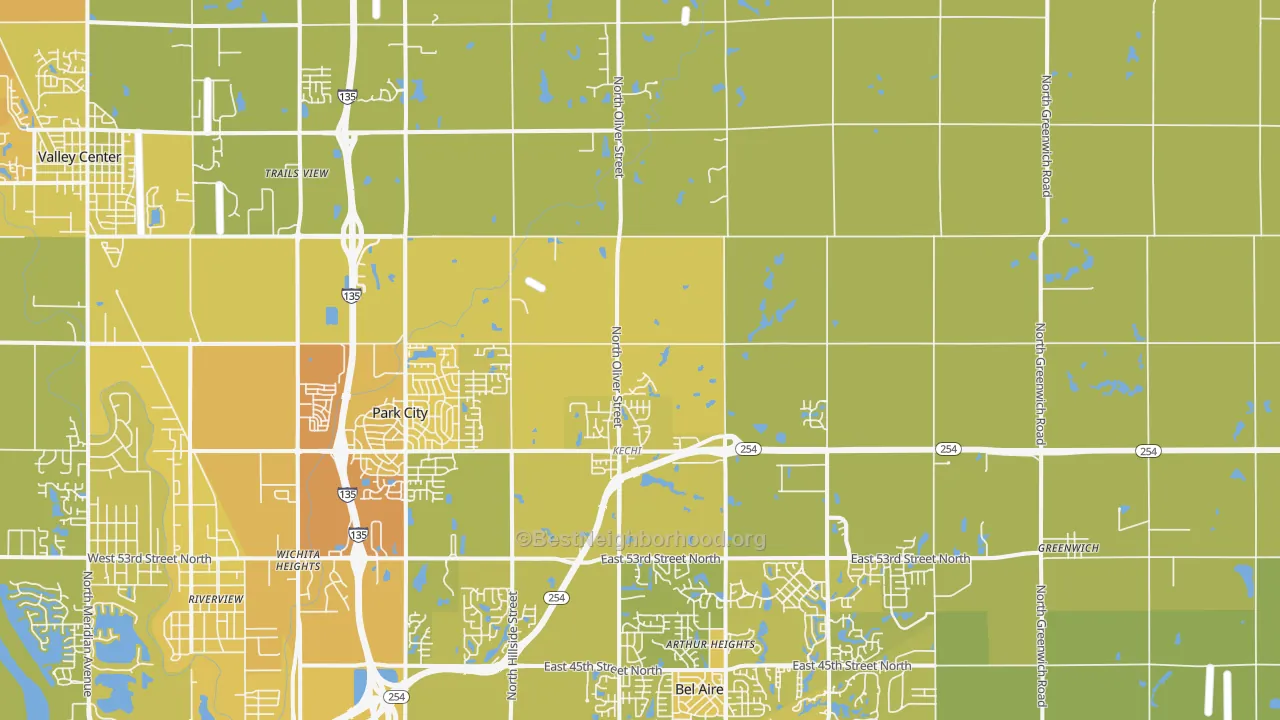 Map of the best neighborhoods in the Kechi area, with better matches in green and worse matches in red
