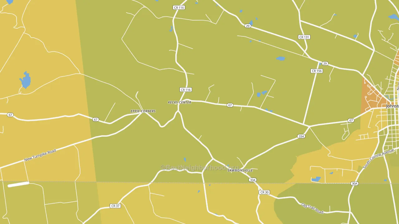Map of the best neighborhoods in the Kecks Center area, with better matches in green and worse matches in red