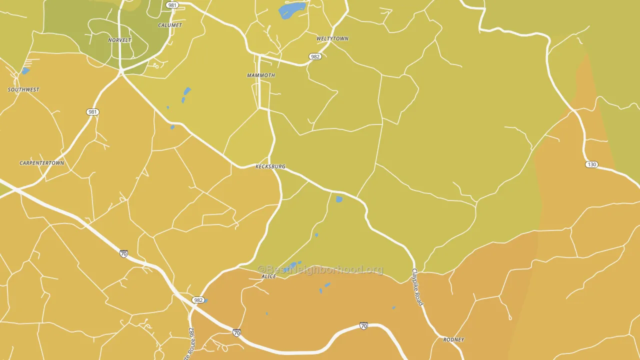 Map of the best neighborhoods in the Kecksburg area, with better matches in green and worse matches in red