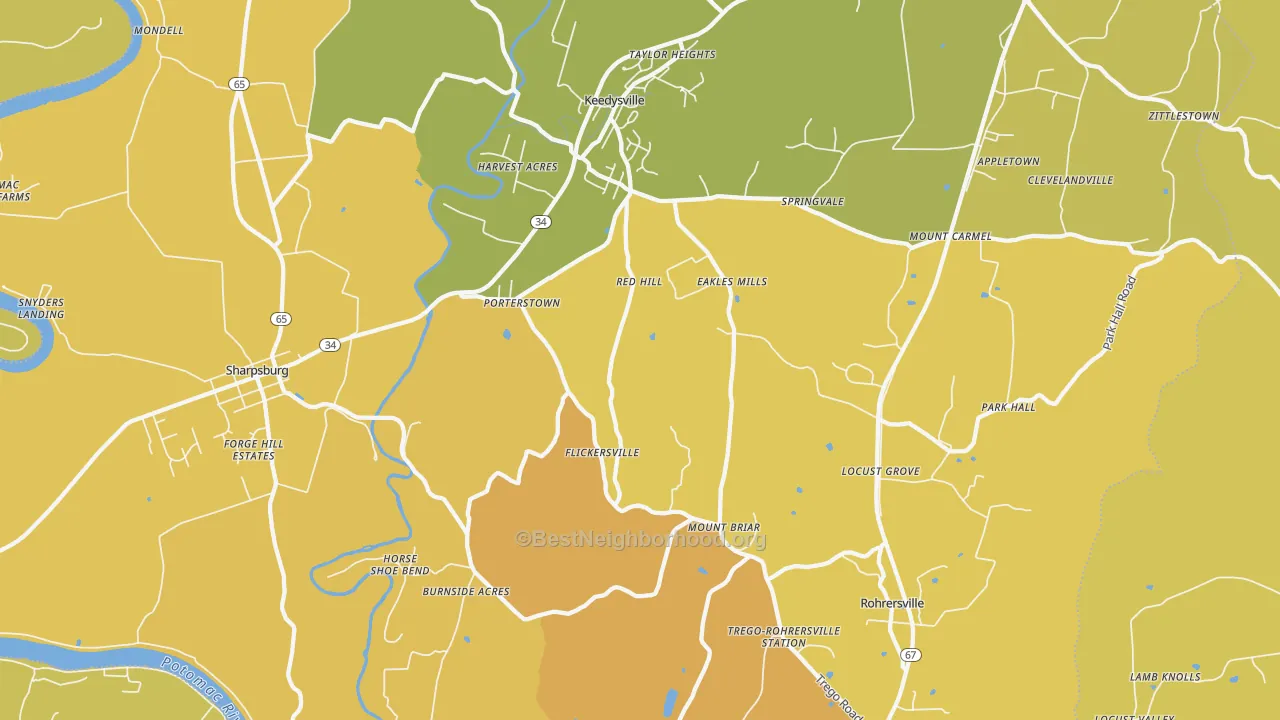 Map of the best neighborhoods in the Keedysville area, with better matches in green and worse matches in red