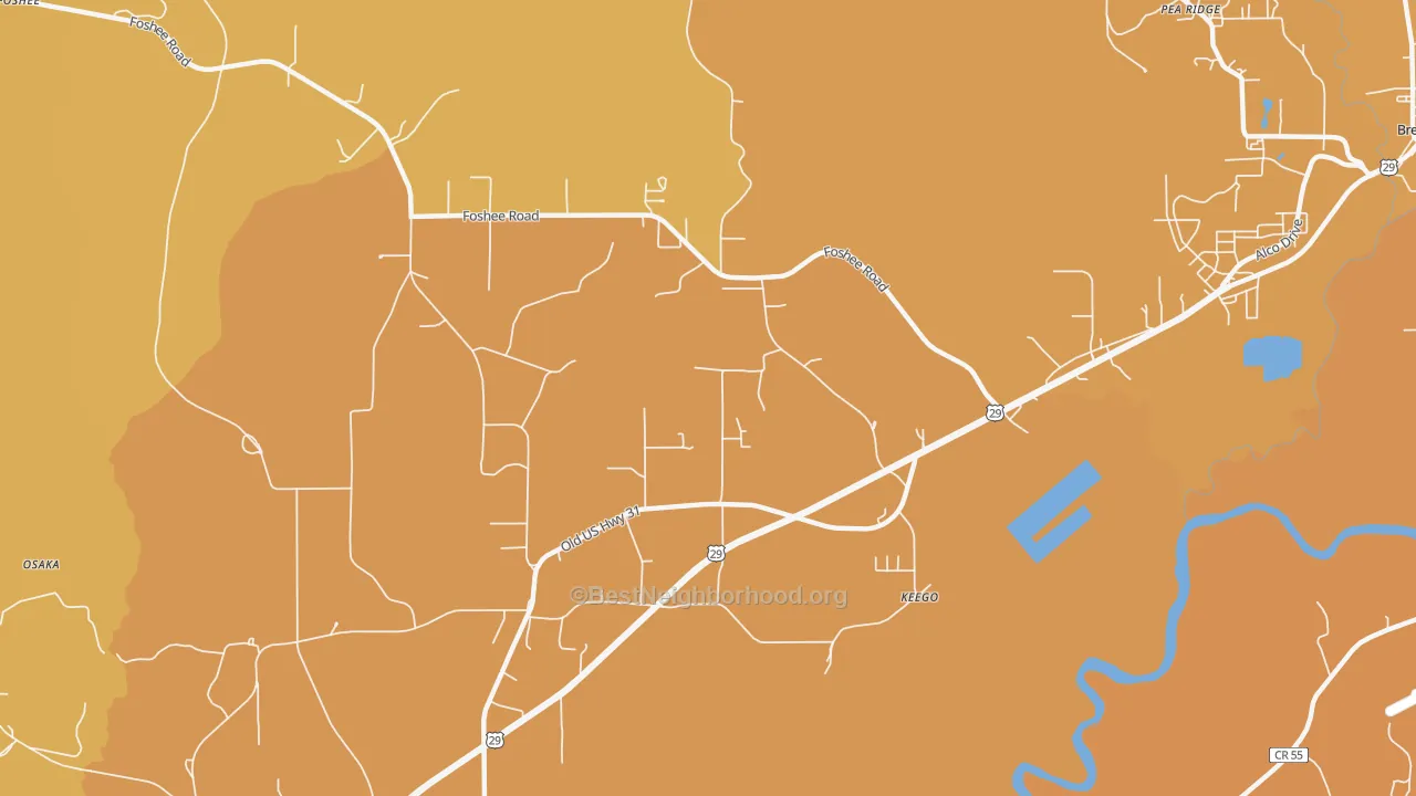 Map of the best neighborhoods in the Keego area, with better matches in green and worse matches in red