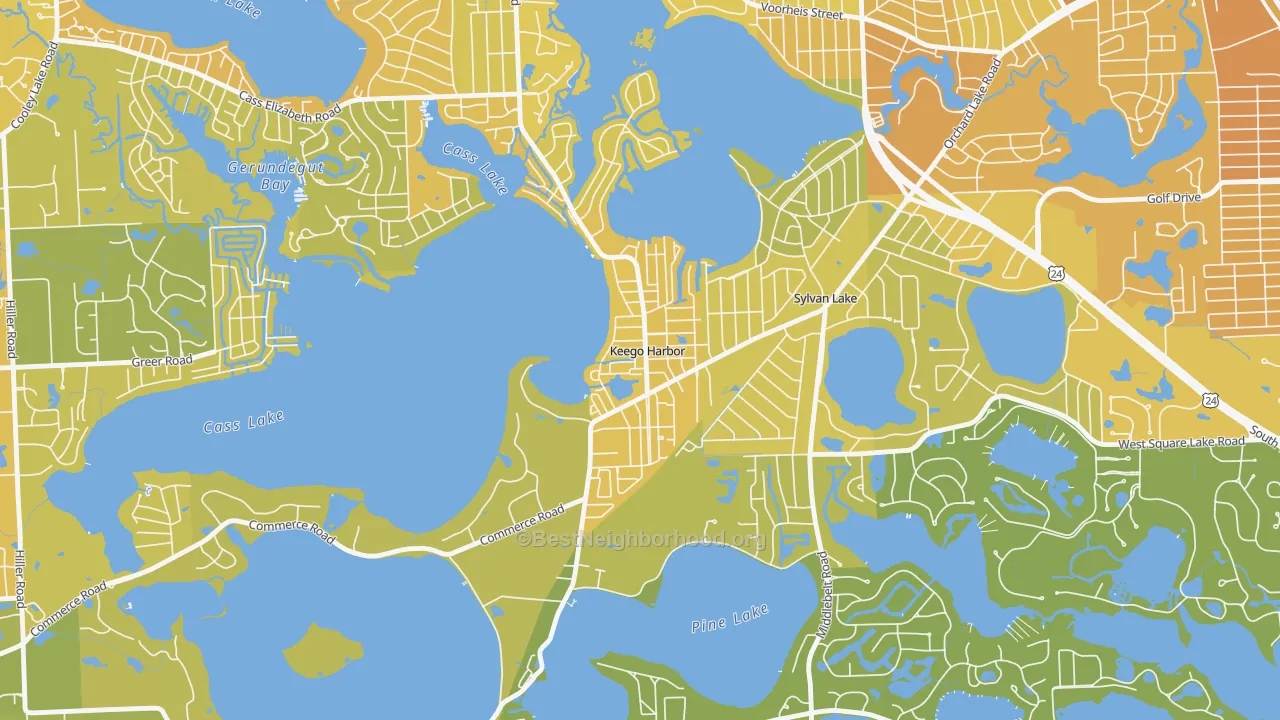 Map of the best neighborhoods in the Keego Harbor area, with better matches in green and worse matches in red