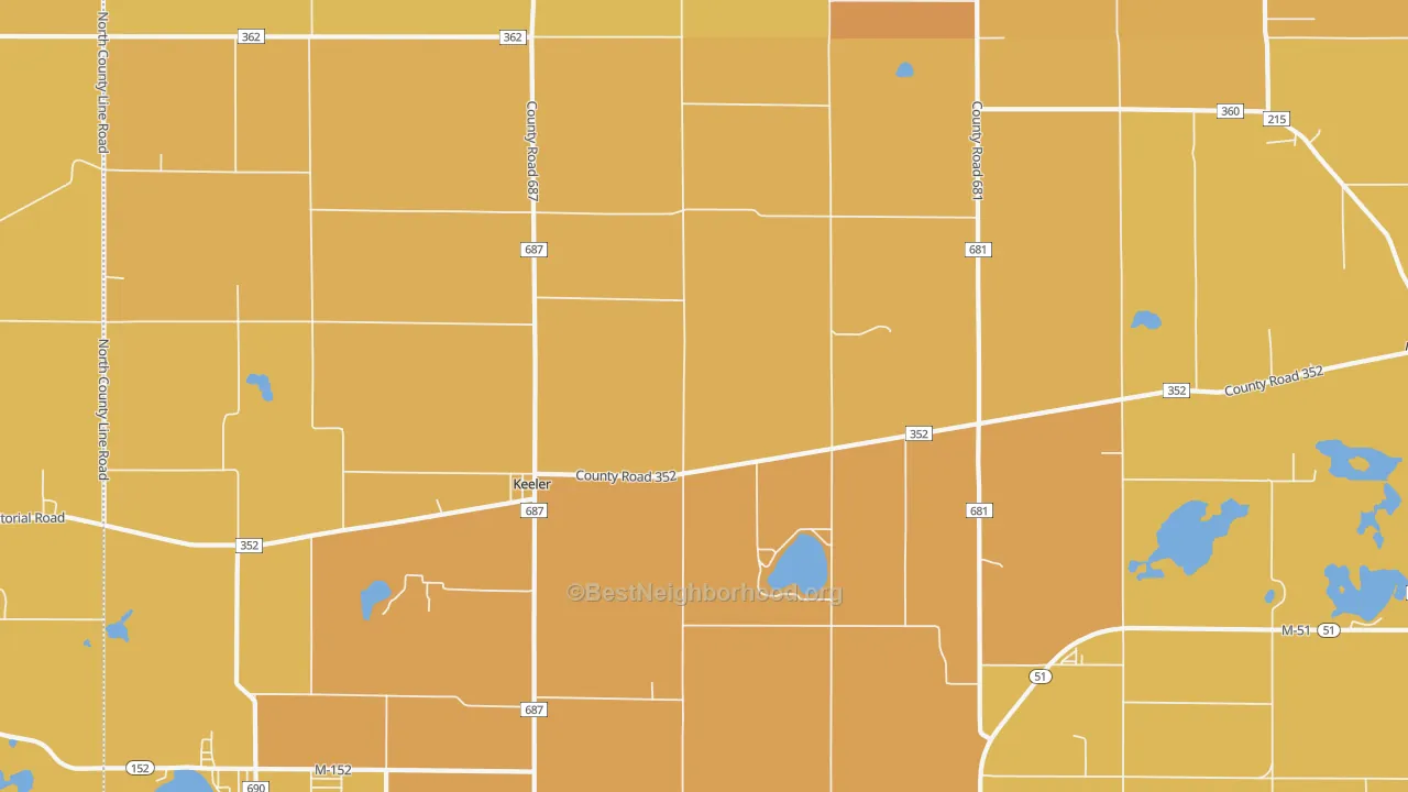 Map of the best neighborhoods in the Keeler area, with better matches in green and worse matches in red