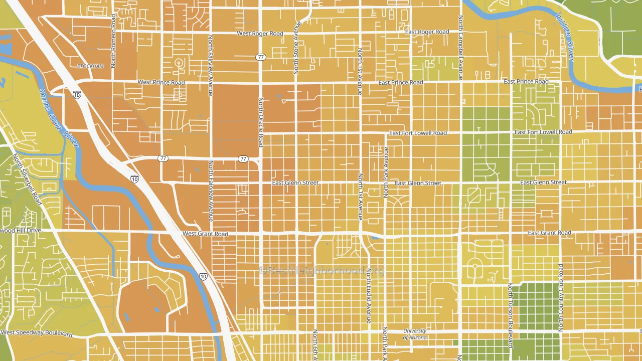 Map of the best neighborhoods in the Keeling, Tucson area, with better matches in green and worse matches in red