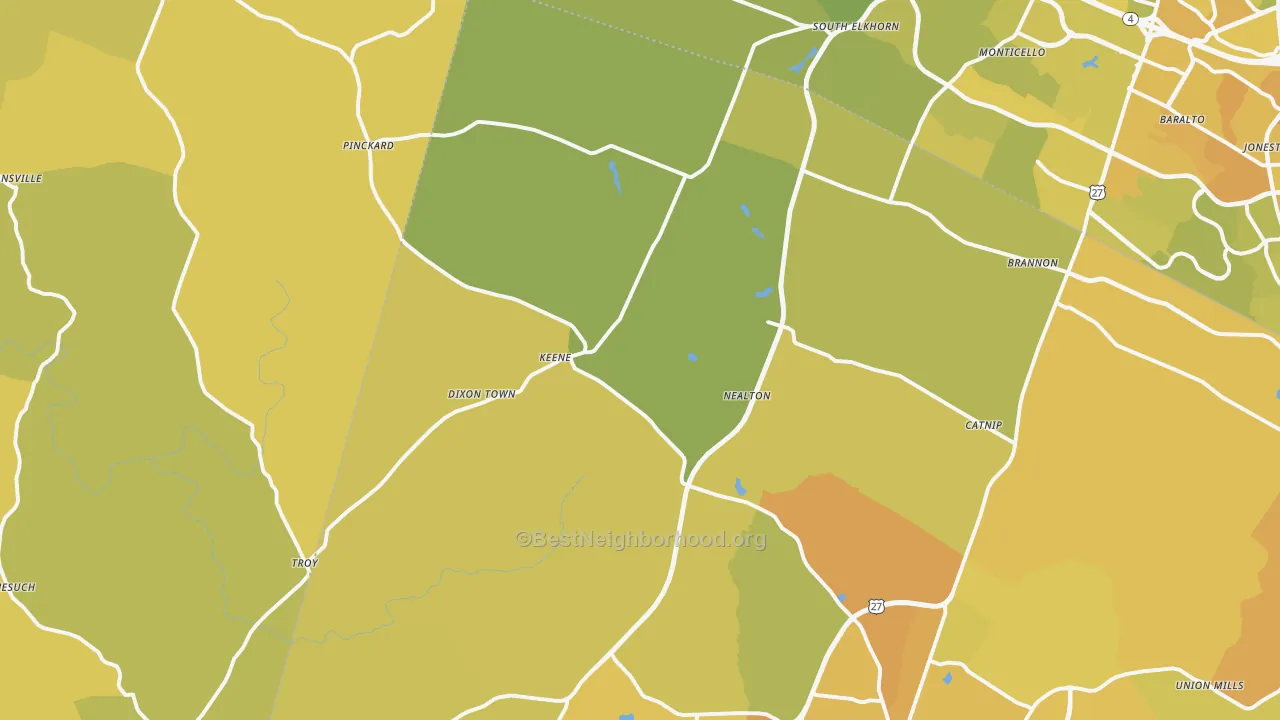 Map of the best neighborhoods in the Keene area, with better matches in green and worse matches in red