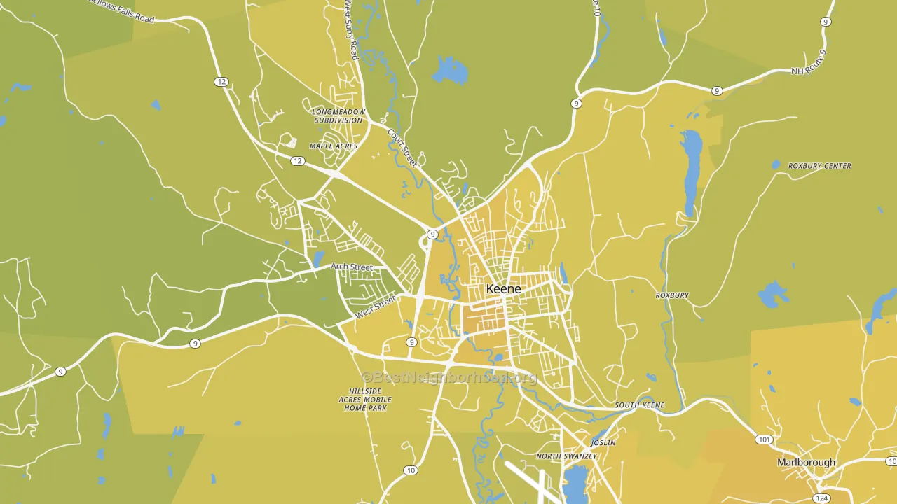 Map of the best neighborhoods in the Keene area, with better matches in green and worse matches in red