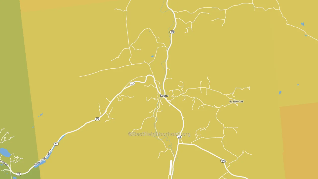 Map of the best neighborhoods in the Keene area, with better matches in green and worse matches in red