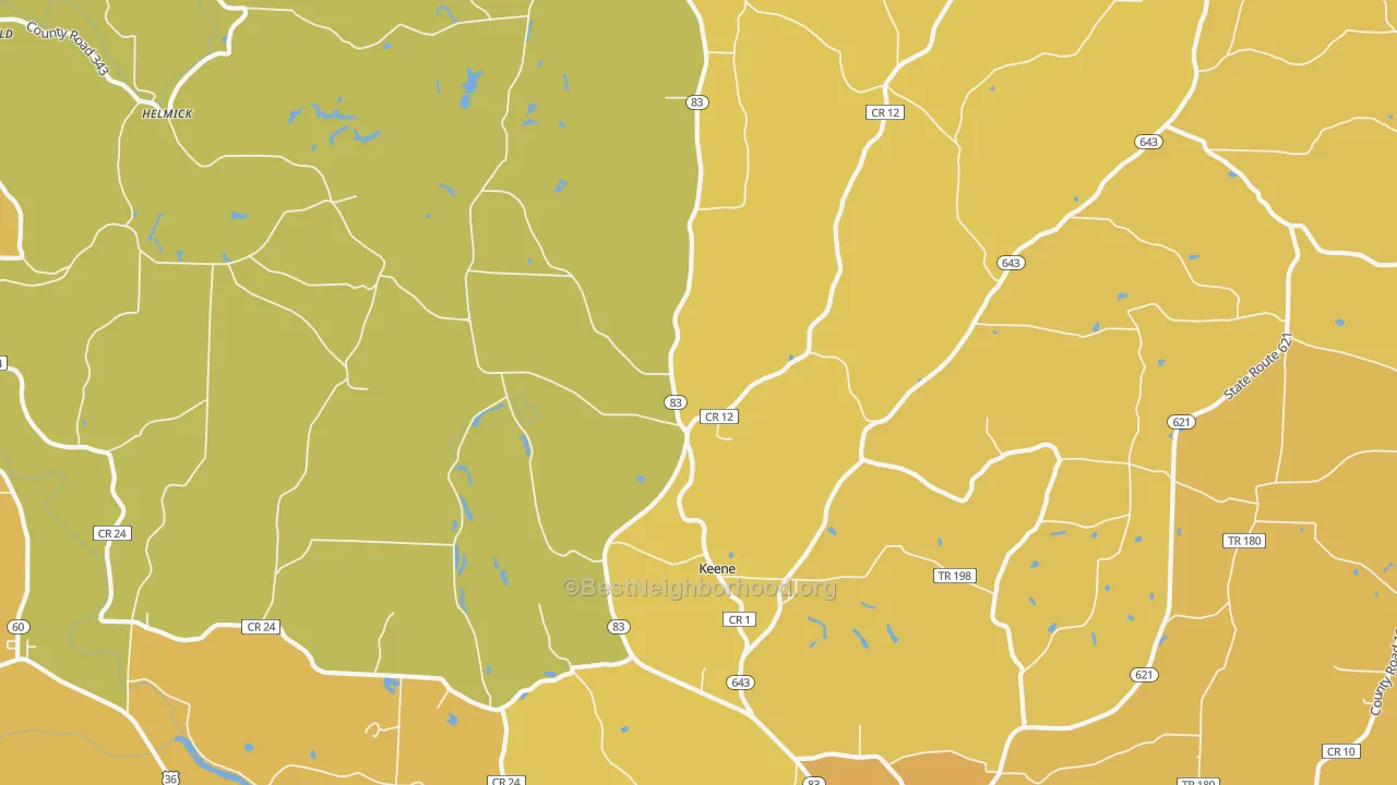 Map of the best neighborhoods in the Keene area, with better matches in green and worse matches in red