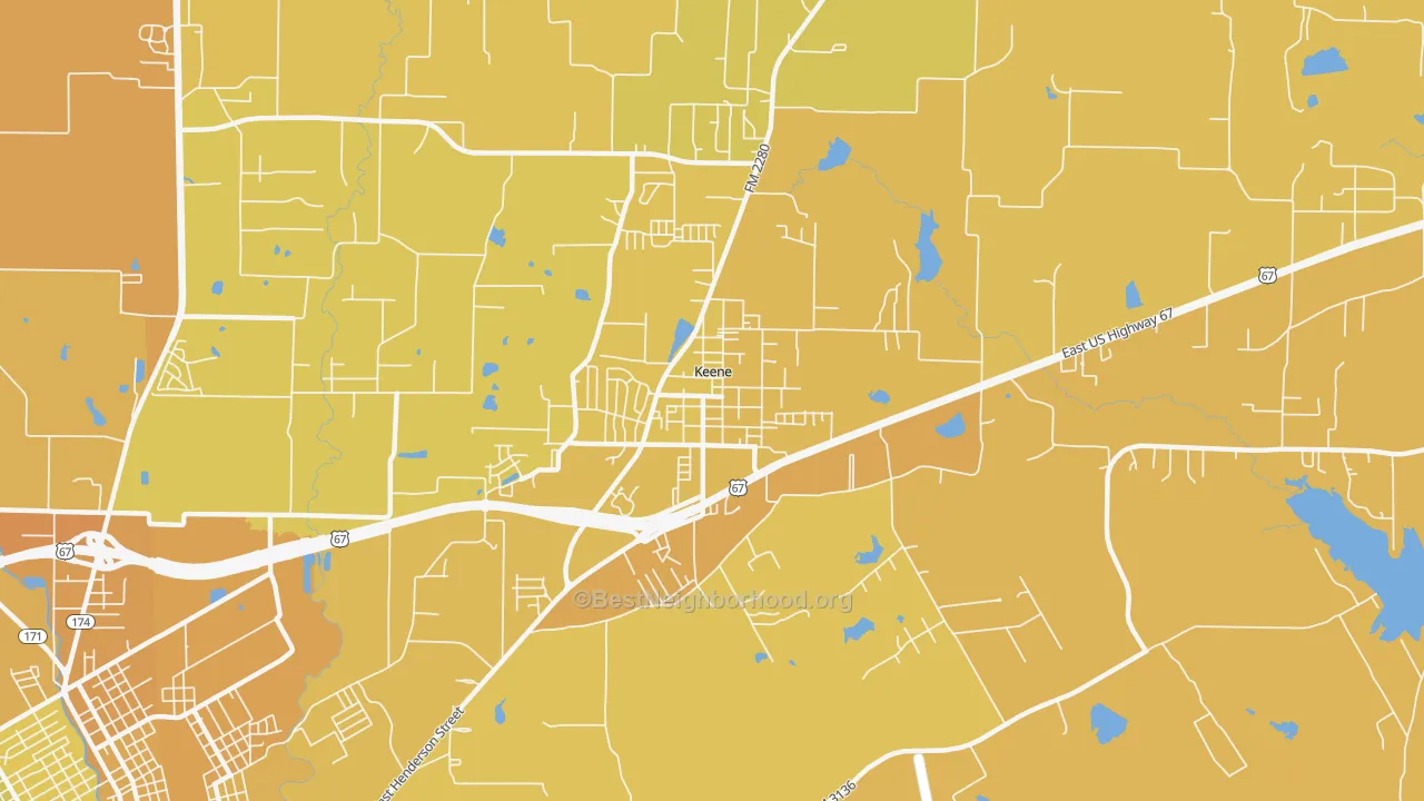 Map of the best neighborhoods in the Keene area, with better matches in green and worse matches in red