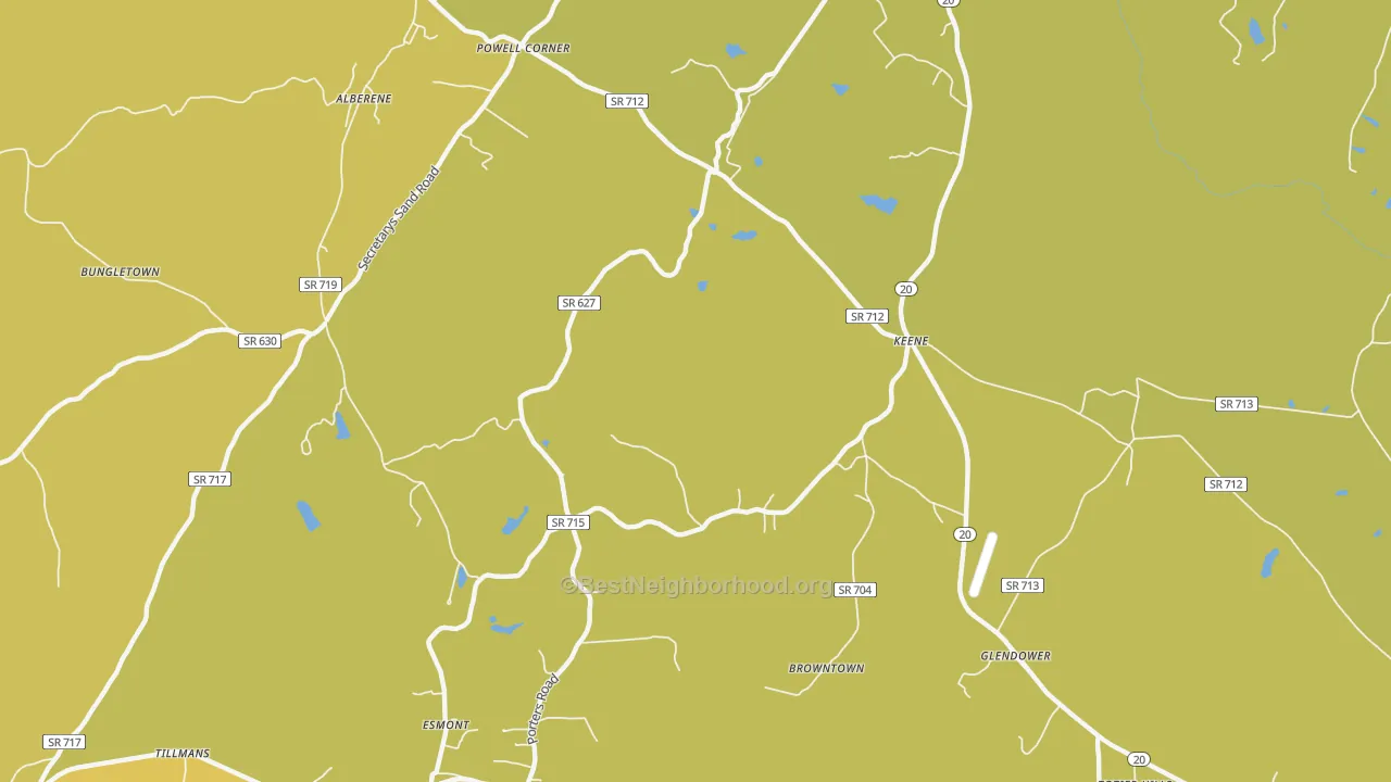 Map of the best neighborhoods in the Keene area, with better matches in green and worse matches in red