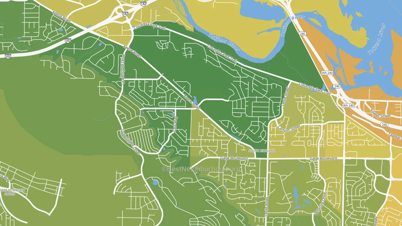 Map of the best neighborhoods in the Keene Valley, Richland area, with better matches in green and worse matches in red