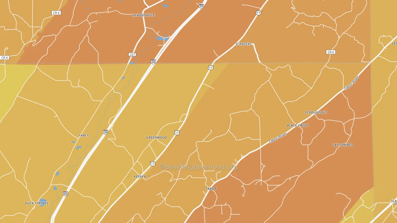 Map of the best neighborhoods in the Keener area, with better matches in green and worse matches in red