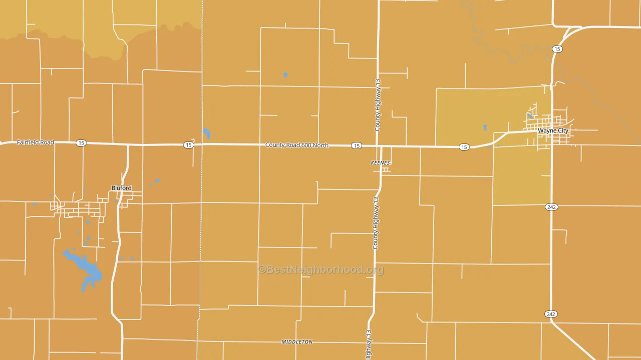 Map of the best neighborhoods in the Keenes area, with better matches in green and worse matches in red
