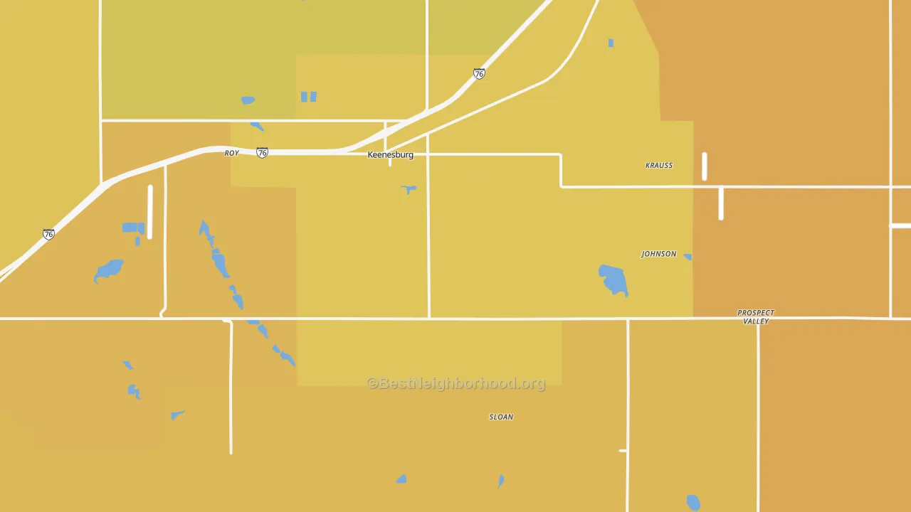Map of the best neighborhoods in the Keenesburg area, with better matches in green and worse matches in red