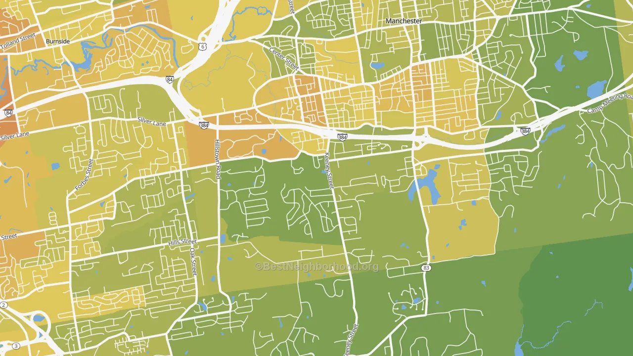 Map of the best neighborhoods in the Keeney, Manchester area, with better matches in green and worse matches in red