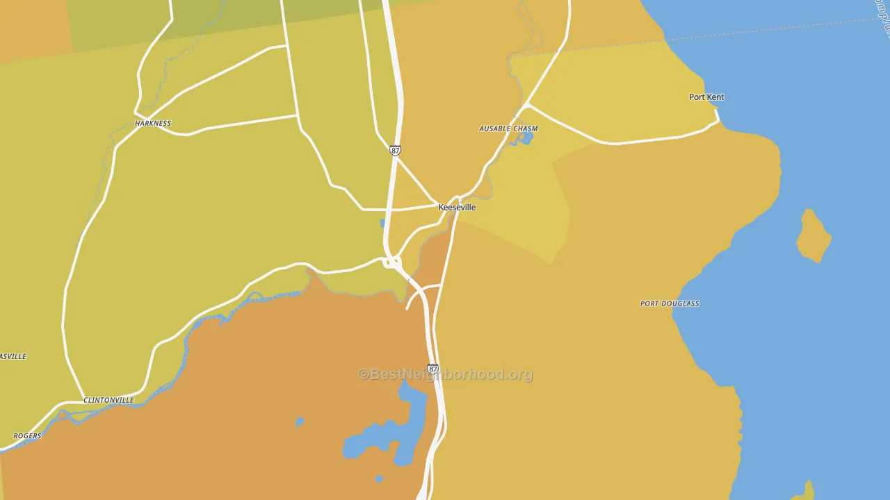 Map of the best neighborhoods in the Keeseville area, with better matches in green and worse matches in red
