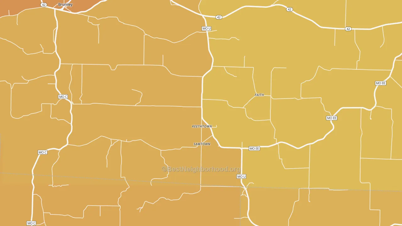 Map of the best neighborhoods in the Keethtown area, with better matches in green and worse matches in red