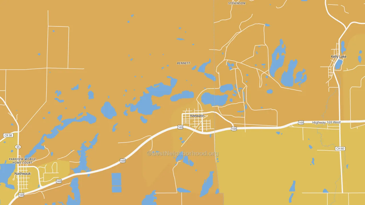 Map of the best neighborhoods in the Keewatin area, with better matches in green and worse matches in red