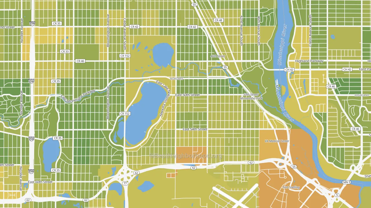 Map of the best neighborhoods in the Keewaydin, Minneapolis area, with better matches in green and worse matches in red